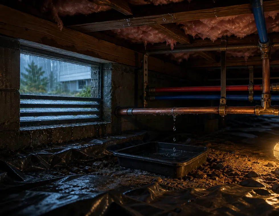 Rainy crawlspace-style plumbing illustration with exposed supply lines under a house